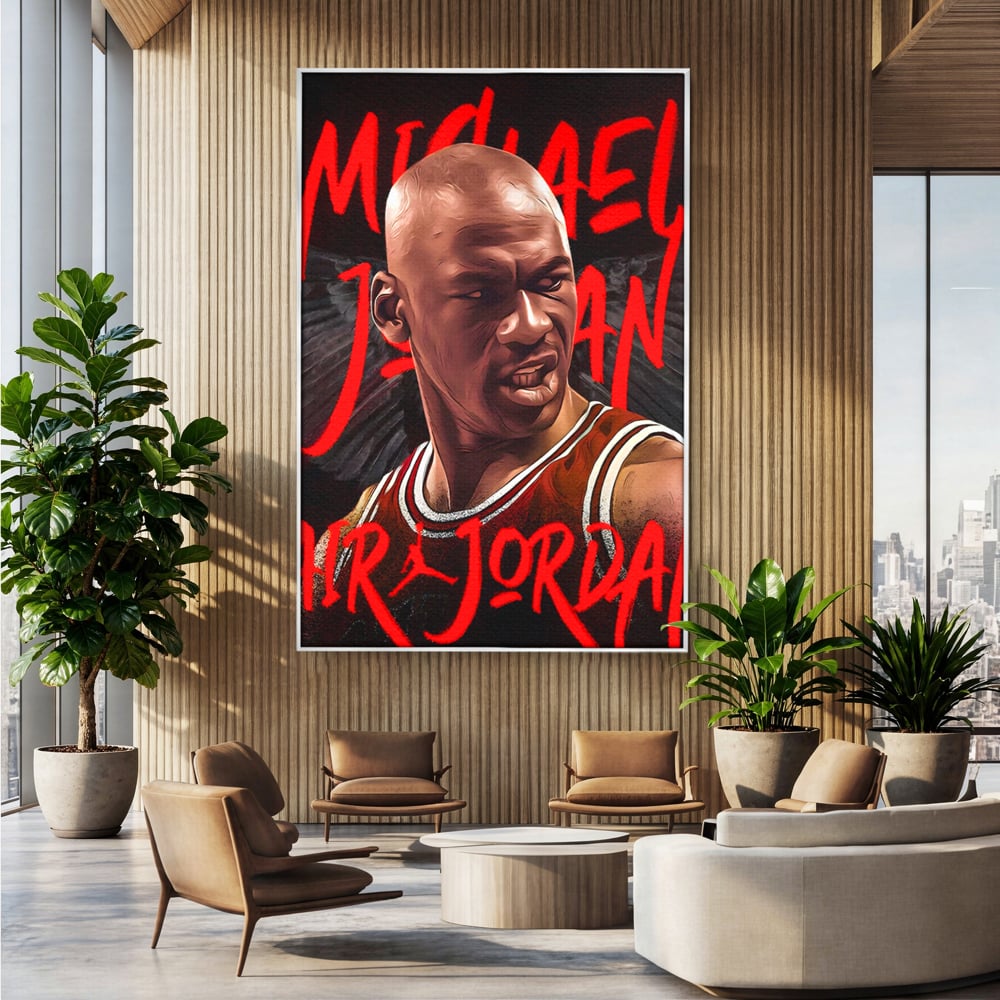 Tablou canvas cu portret grafic cu michael jordan, in rama de aluminiu argintiu, pe perete intr-un birou